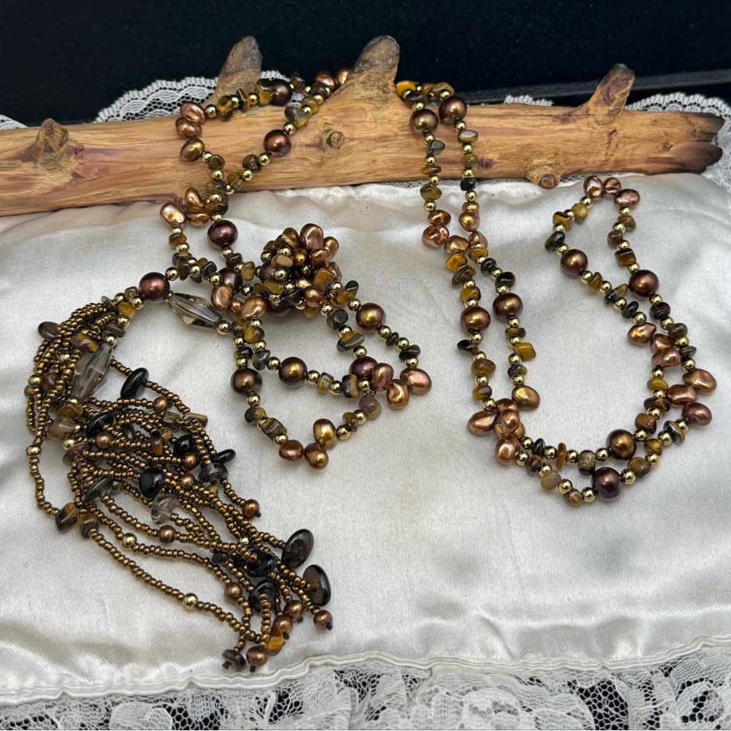 54' Brown Pearls Tigers Eye Gold Bead Tassel Necklace